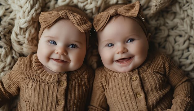 Photo two babies wearing yellow clothing and bow headbands are smiling at the camera