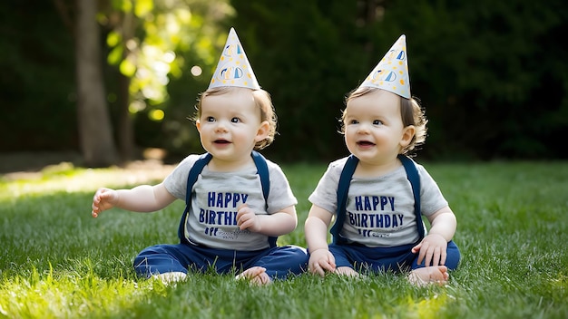 two baby boys sitting on the grass wearing a birthday hat happy birthday theme