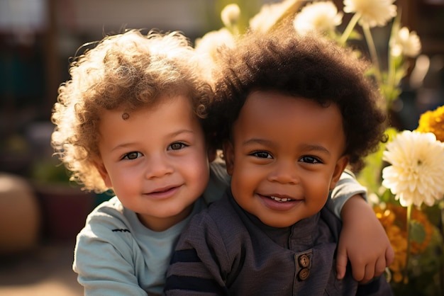 Two baby brothers with curly hair smiling