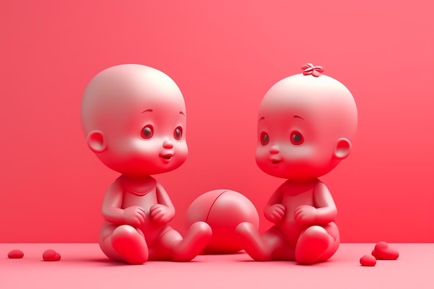 Two baby dolls sit on a red background one of them is wearing a red hat