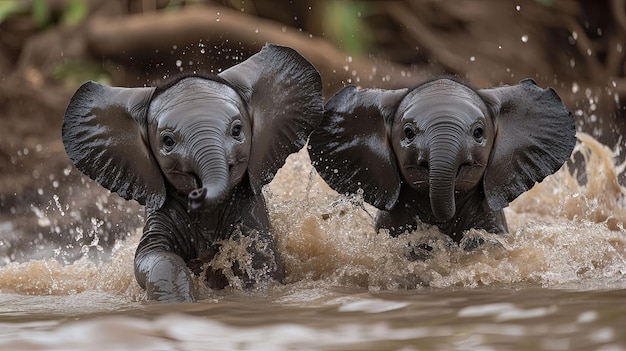 Photo two baby elephants playing in a muddy river