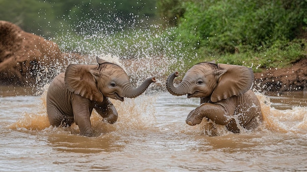 Photo two baby elephants playing and splashing in a river