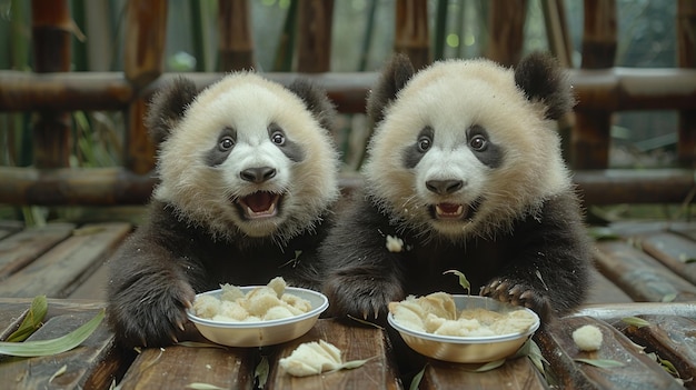 Photo two baby pandas are playing with oranges