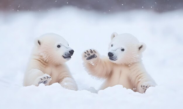 Photo two baby polar bears playing in the snow