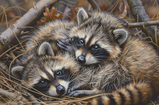 two baby raccoons are cuddling together on the ground pair of baby raccoons wrestle playfully tumbling over each other in heap