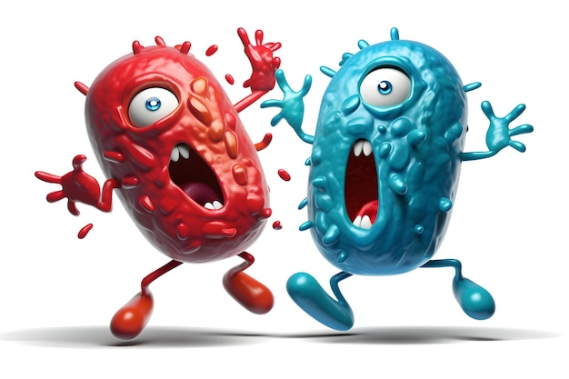 Two bacteria that are running and one has a face that says coronavirus.