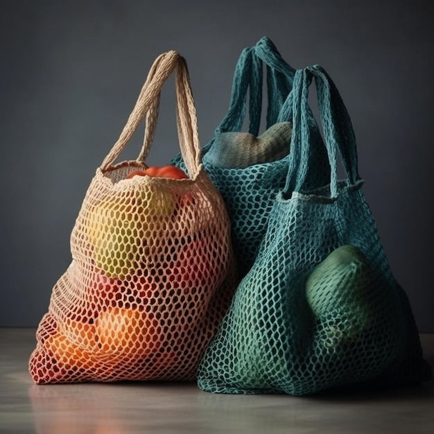 Two bags of fruit are on a table with a dark background.