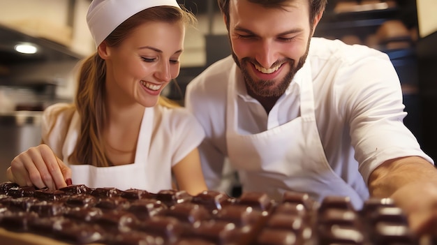 Photo two bakers look at freshly made chocolates with smiles of pride