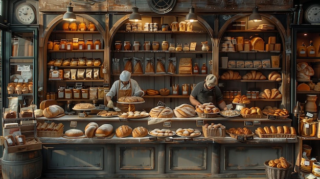 Two bakers working in a traditional bakery shop