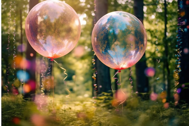 Two balloons in the forest Colorful bokeh background