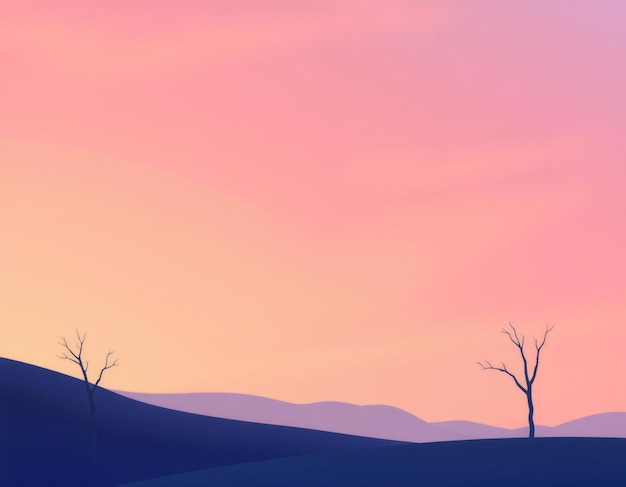 Photo two bare trees stand silhouetted against a pink and orange sunset over a distant mountain range