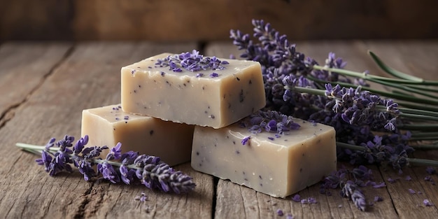 Two bars of natural lavender soap are presented on a rustic wooden surface and adorned with fresh lavender blossoms creating a serene and aromatic spalike ambiance