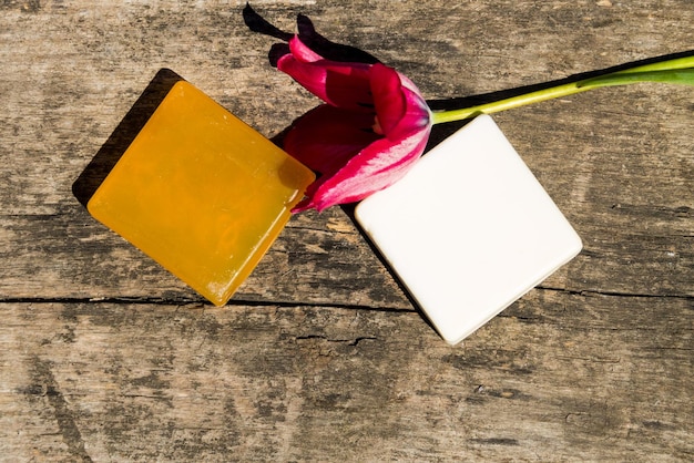 Two bars of natural soap and red tulip flower on rustic wooden background