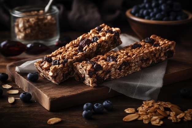 Two bars of oat bars on a plate with chocolate chips on top