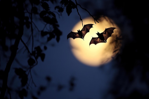 Photo two bats flying against the background of the full moon halloween concept vertical orientation