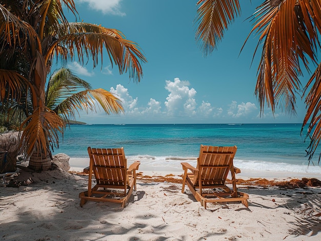 two beach chairs on a beach with a palm tree in the background