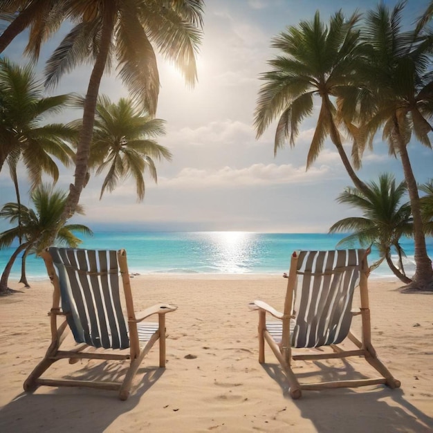 two beach chairs on a beach with palm trees in the background