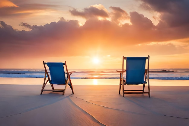 Two beach chairs on a beach with the sun setting behind them