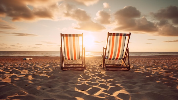 two beach chairs on a beach with the sun shining