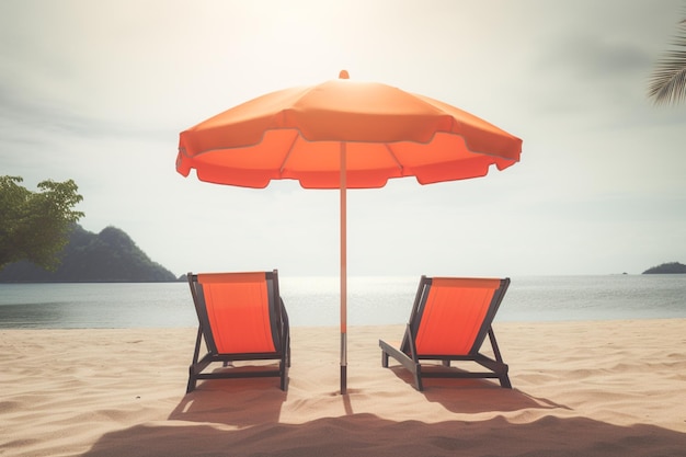 Two beach chairs and umbrella on the tropical beach with sea and sky background vintage color tone