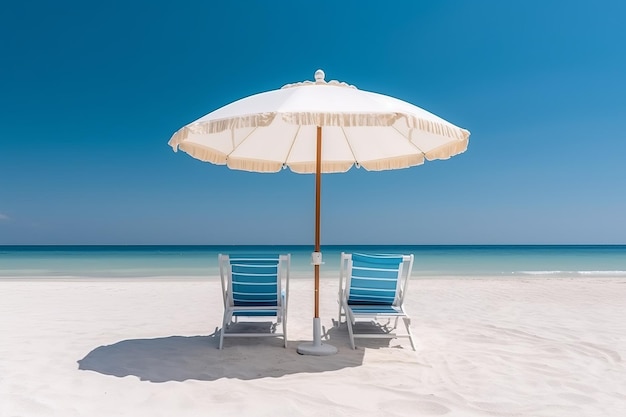 Two beach chairs under a white umbrella on a beach.