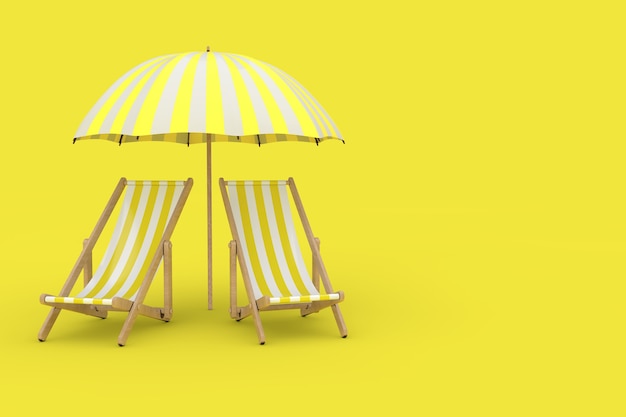 Two Beach Relax Pool Chairs Under Sunshade on a yellow background. 3d Rendering