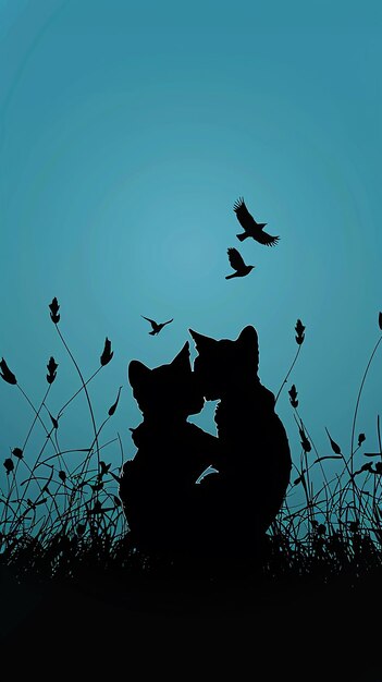 Photo two bears are kissing in the grass one of them is a silhouette of a cat and the other is a silhouette of a bear