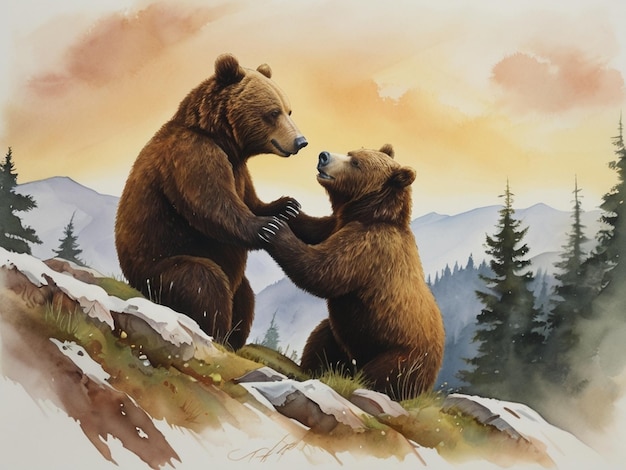 two bears are walking in a field one of which has the word quot on it quot