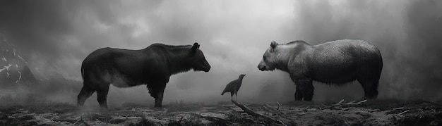 Photo two bears and a bird in a foggy landscape