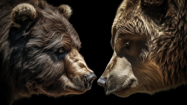 Two bears face to face on a black background