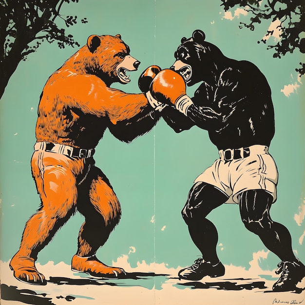 Photo two bears fighting in the park retro style vector illustration