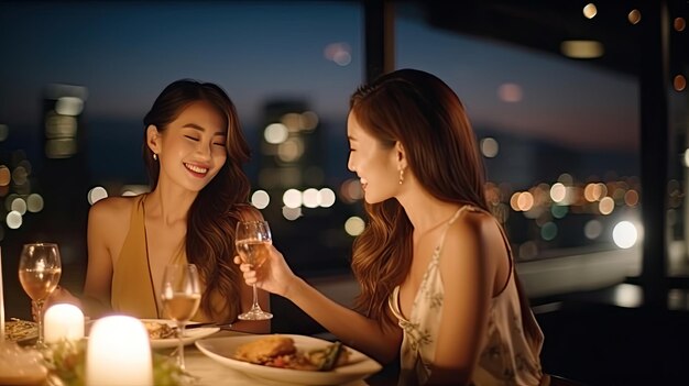 Two beautiful Asian woman friends are meeting and having a dinner party