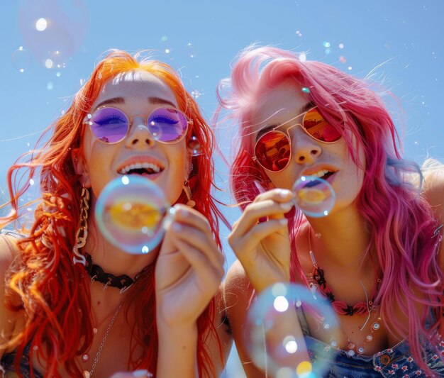 Two beautiful best friends blowing bubbles on a sunny day