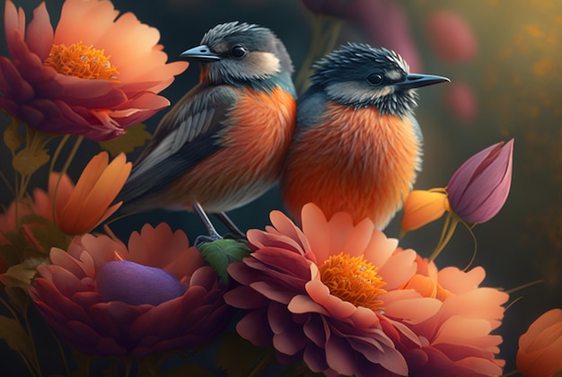 Two beautiful birds above the flowers generative AI