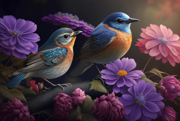 Two beautiful birds above the flowers generative AI