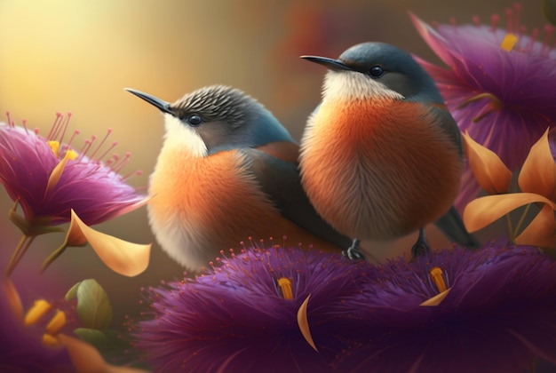 Two beautiful birds above the flowers generative AI