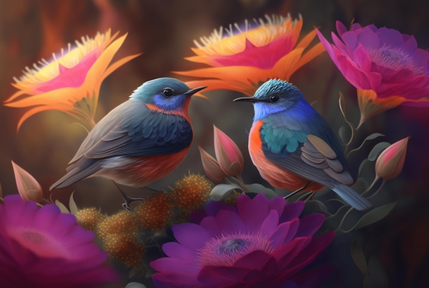 Two beautiful birds above the flowers generative AI