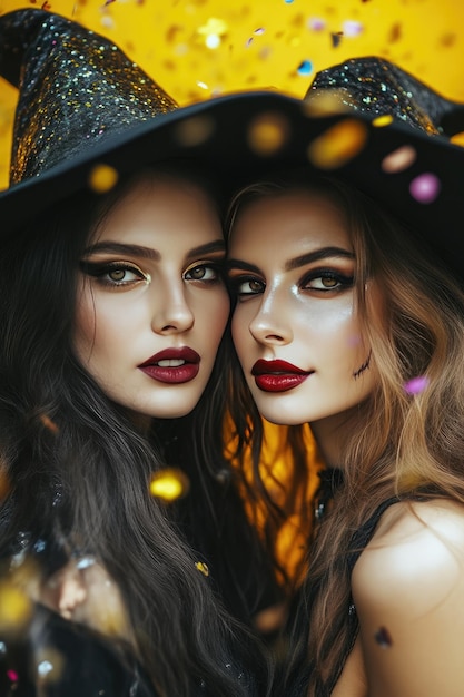 Two Beautiful Friends Dressed as Witches with Shiny Confetti Background