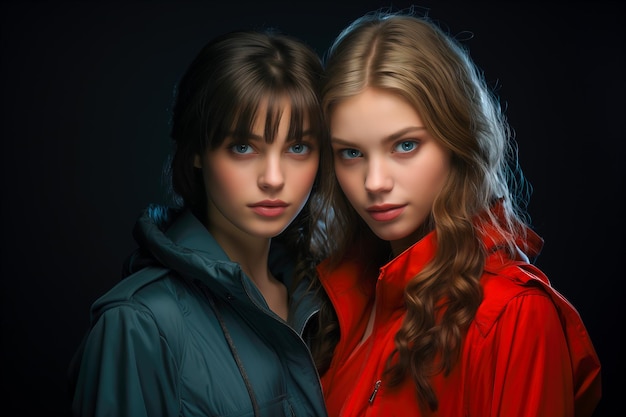 Two beautiful model girls in red and blue jackets on a black background