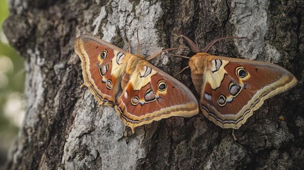 Two Beautiful Moths Resting on Tree Bark