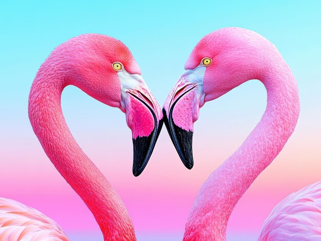 Photo two beautiful pink flamingos forming a heart shape against a colorful background