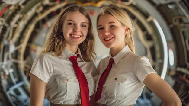 Two beautiful smiling young women wearing red neckties and white shirts