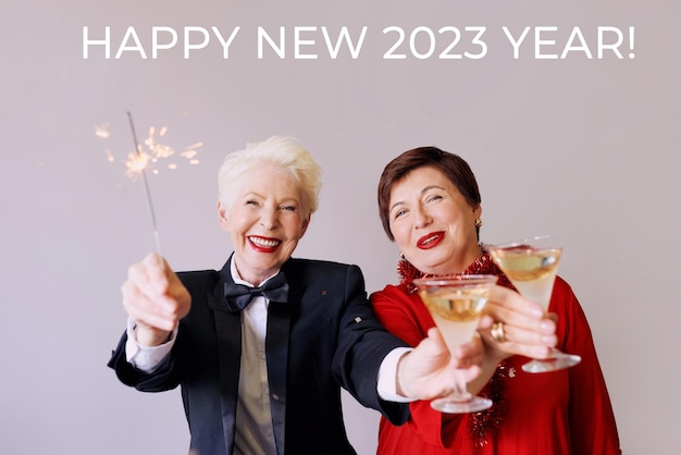 Two beautiful stylish mature senior women celebrating new year. Fun, party, style, celebration