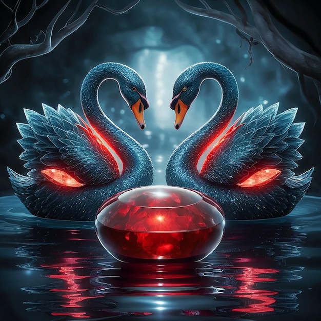 Two beautiful swans in deep blue glitter and sparkle with bright red Jemstone gems