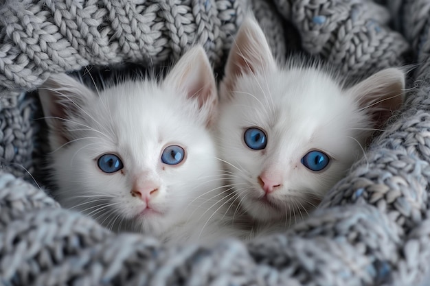 two beautiful white kittens with blue eyes are peeking out from a blanket