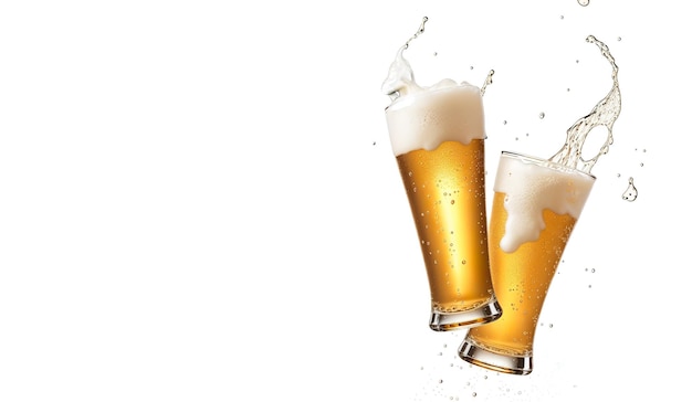 Two beer glasses are toasted overflowing on a white background banner Generative AI