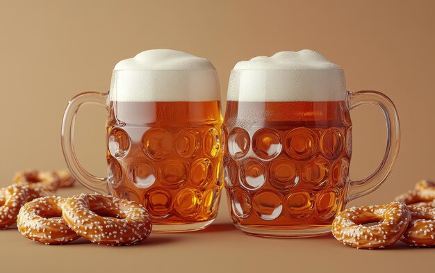 Two Beer Mugs with Pretzels