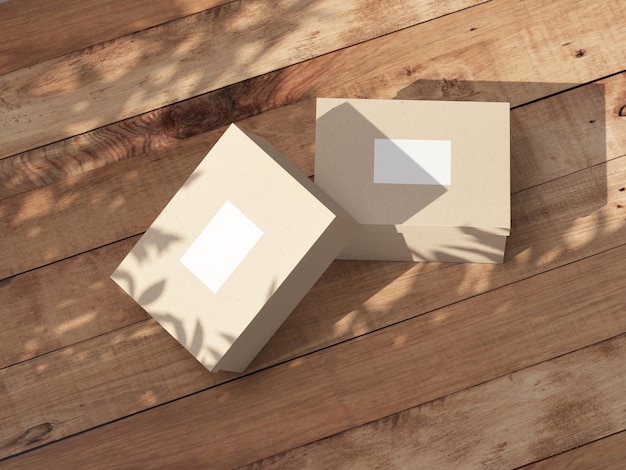 Two beige cardboard Boxes Mockup with white stickers on wooden table outdoors 3d rendering