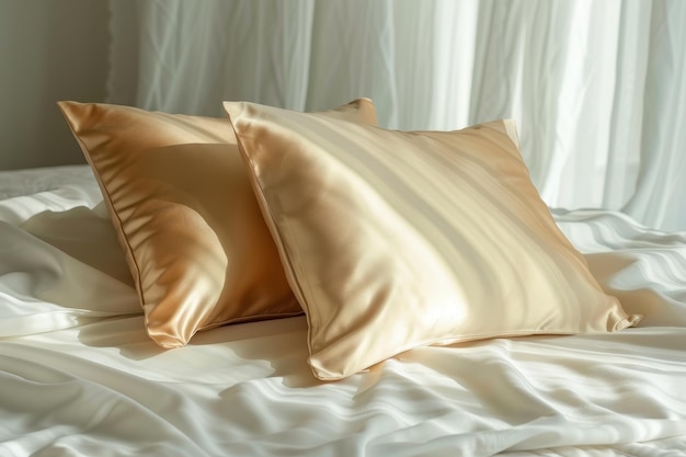 Photo two beige pillows in satin silk or lyocell pillowcases on white sheets home bedding and decor