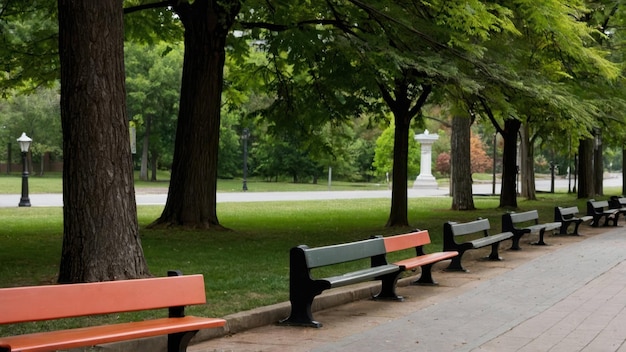 Two benches in a serene urban park with lush greenery